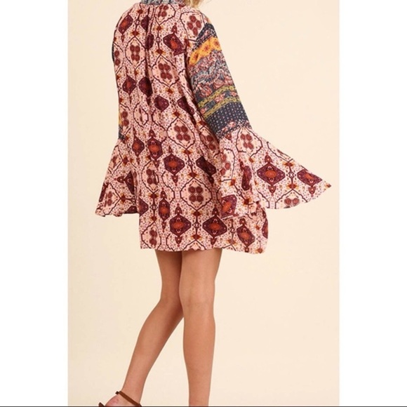 Umgee Boho Gypsy Bell Sleeve Babydoll Mini Swing Dress Size Small - Picture 3 of 13